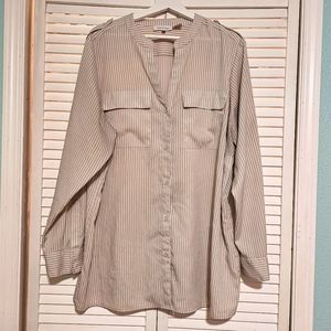 CALVIN KLEIN Tan & White Striped Deep V Neck Collared Arm Button Shirt  2X B24
